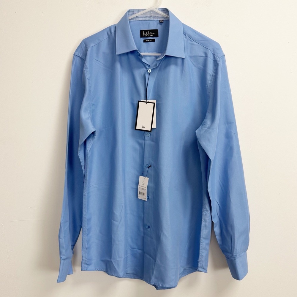 Nicole Miller Shirt Mens Large 16 16.5 34/35 Blue Button Up Long Sleeve Slim NWT
